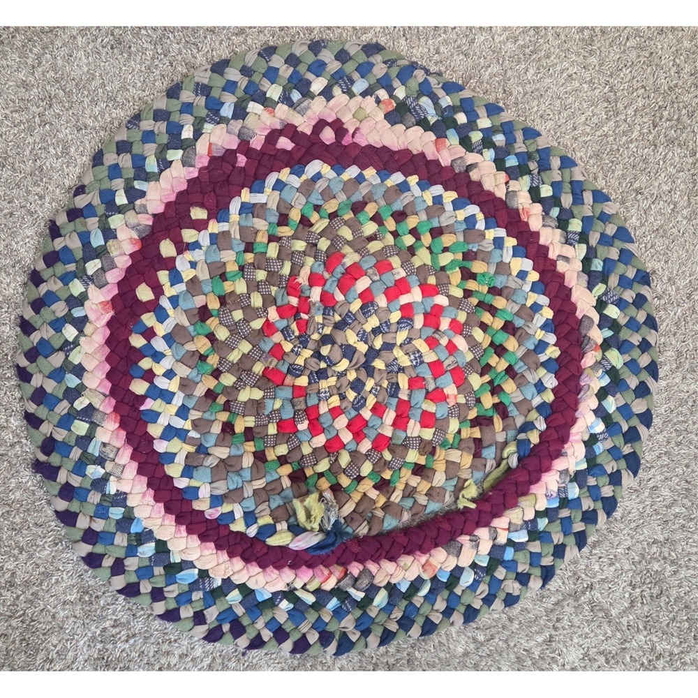 Vintage Handmade Braided Rag Rug Round Farmhouse Cabin Cottage Boho Folk Art 30"